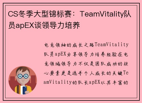 CS冬季大型锦标赛：TeamVitality队员apEX谈领导力培养